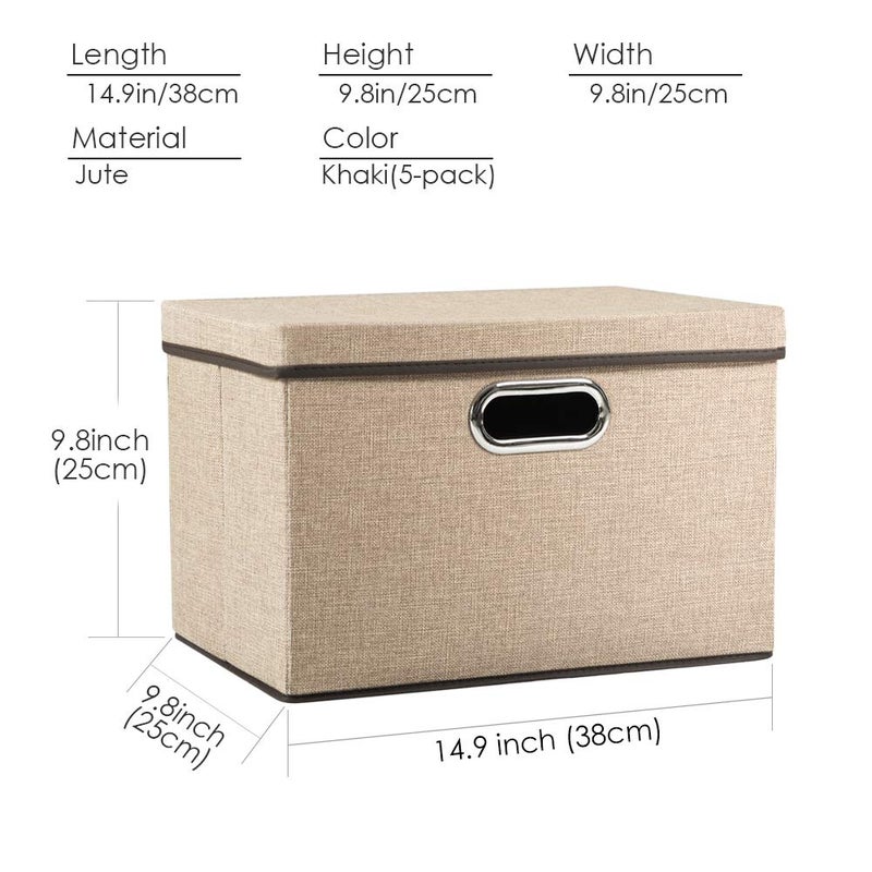 PRANDOM Collapsible Storage Containers with Lids [5-Pack] Jute Fabric Foldable Storage Bins Boxes Organizer Baskets Cube with Cover for Home Bedroom Closet Office Nursery (14.9x9.8x9.8) - Image 5